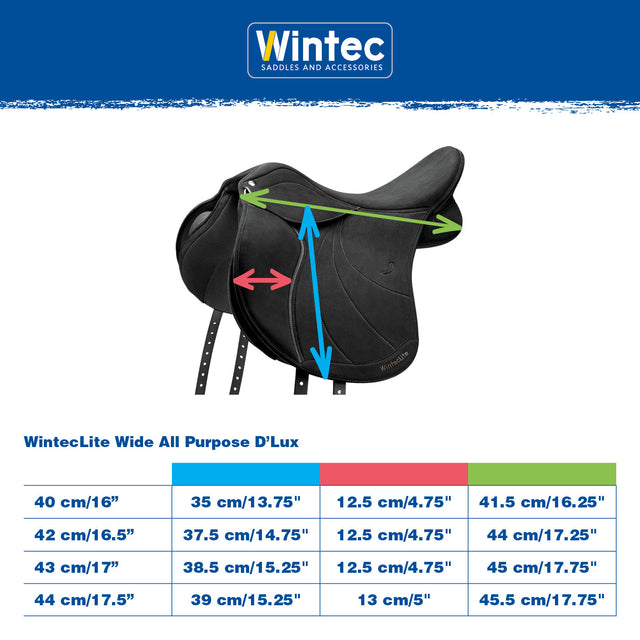 WintecLite Wide All Purpose D'Lux measurement and size chart