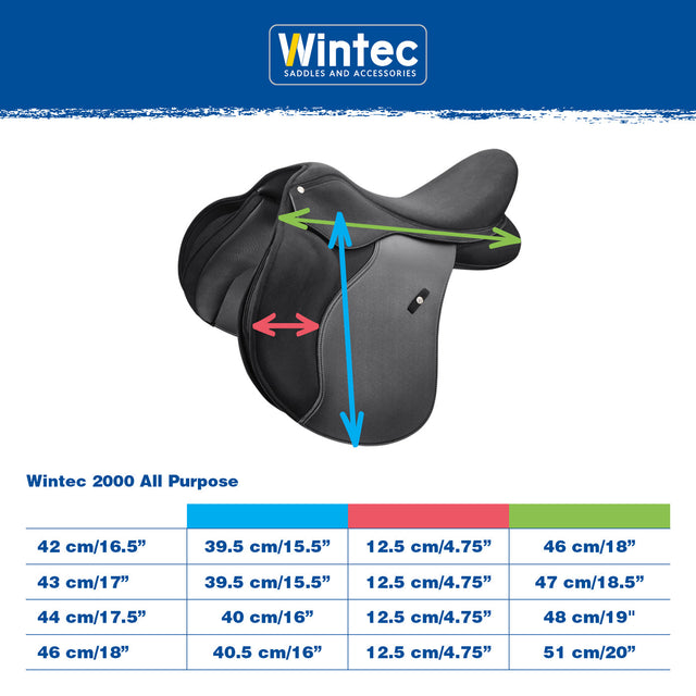 Wintec 2000 All Purpose measurement and size chart