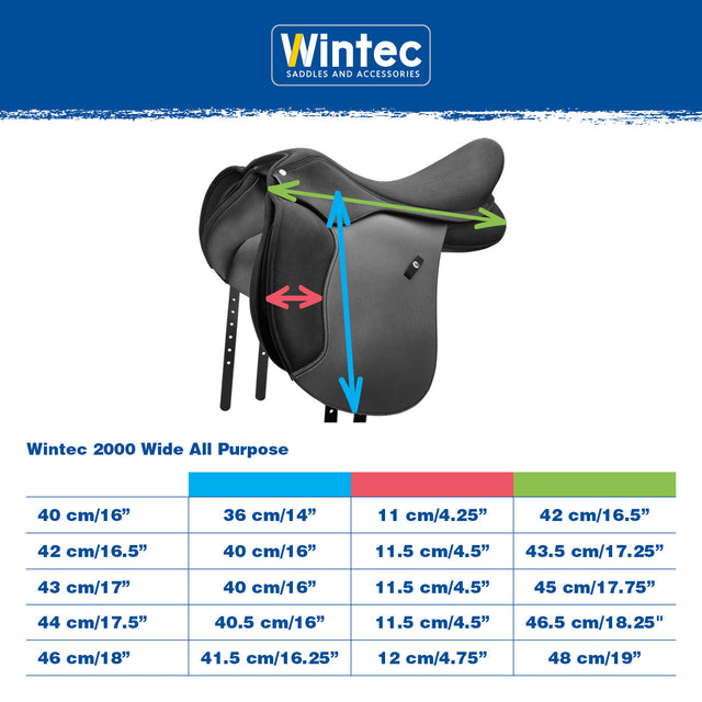 Wintec 2000 Wide All Purpose measurement and size chart
