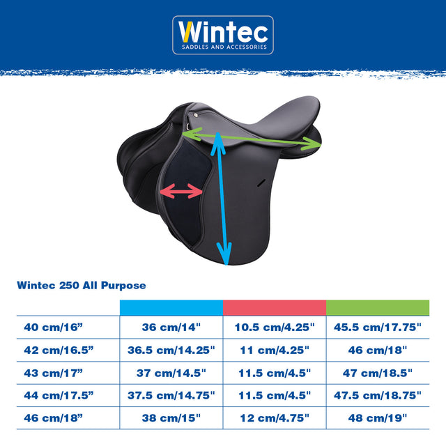 Wintec 250 All Purpose measurement and size chart