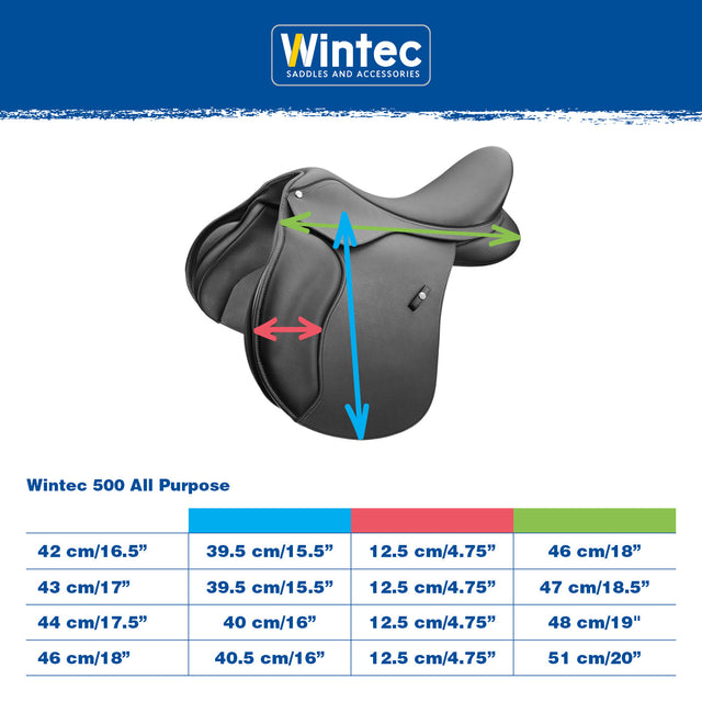 Wintec 500 All Purpose measurement and size chart
