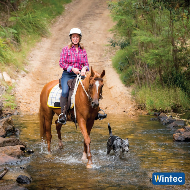 Riding through a creek in a Wintec stock saddle