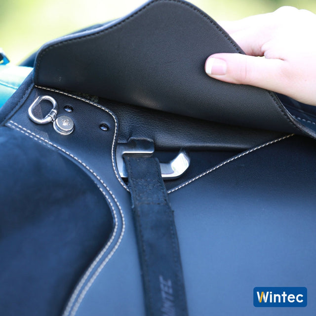 Wintec Pro Webbers on the stirrup bar, with the saddle flap lifted