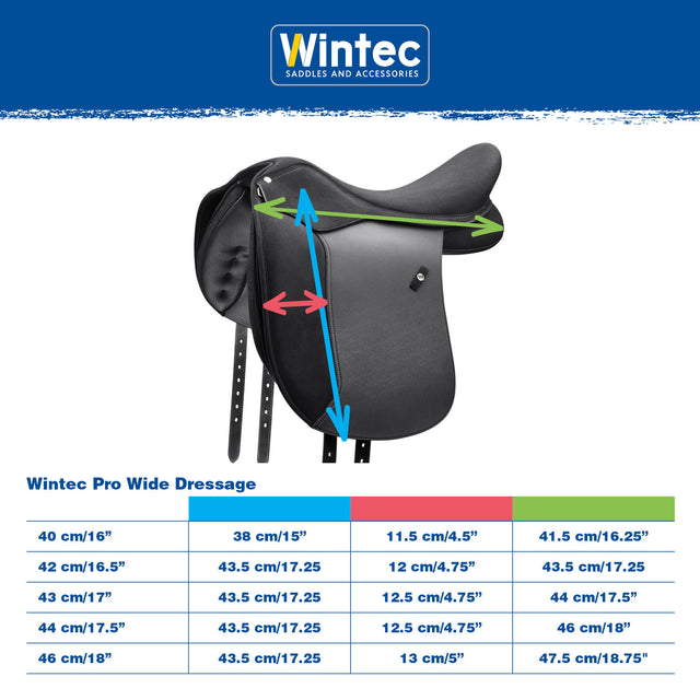 Wintec Pro Wide Dressage measurement and size chart