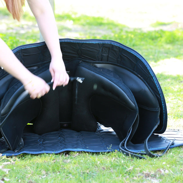 Saddle sitting on the Wintec Saddle Bag before it is wrapped